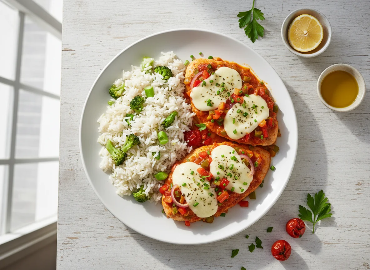 Frango à pizzaiolo, arroz branco com brócolis photo