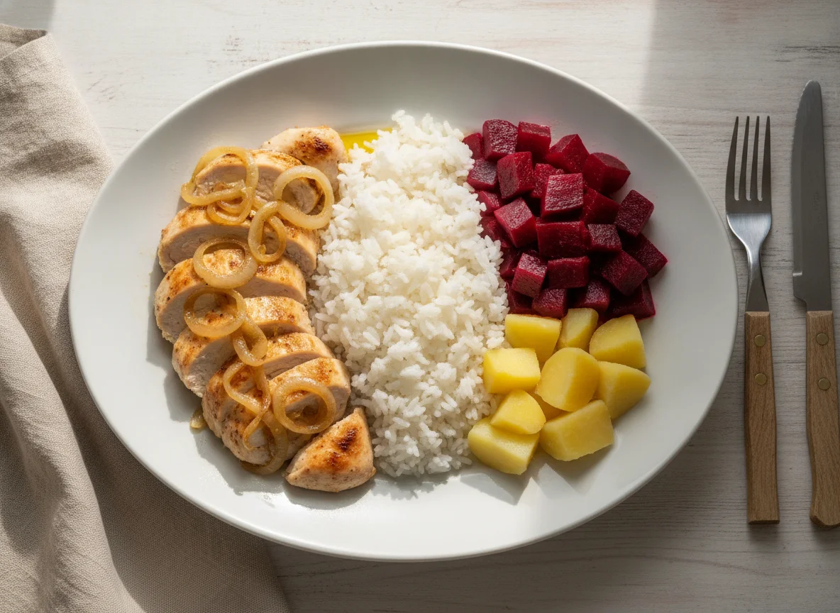 Frango acebolado com arroz, beterraba e batata photo