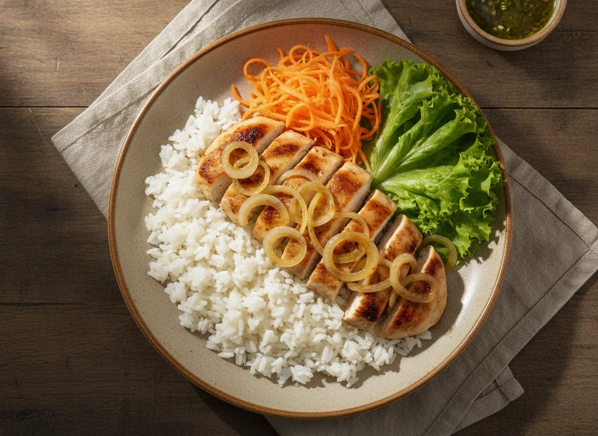 Frango acebolado com arroz, cenoura e alface photo
