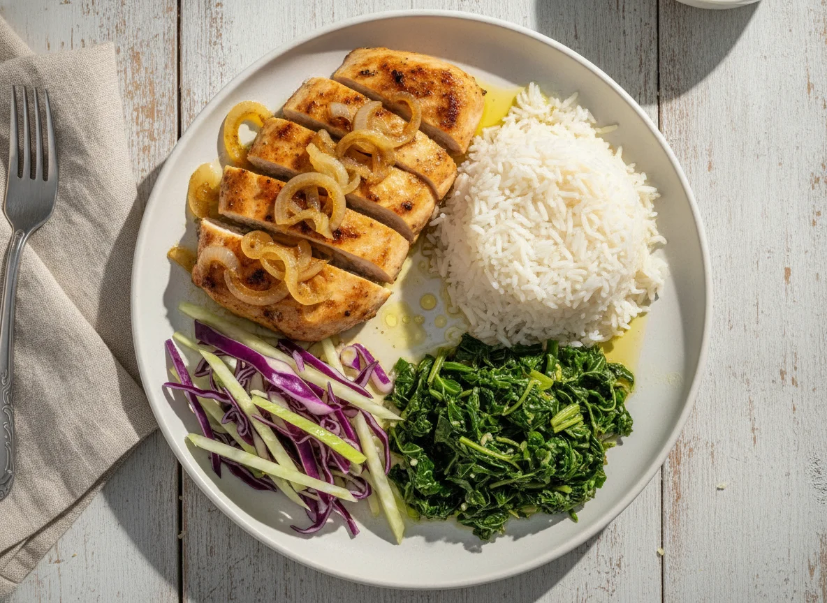 Frango acebolado com arroz, couve e repolho photo
