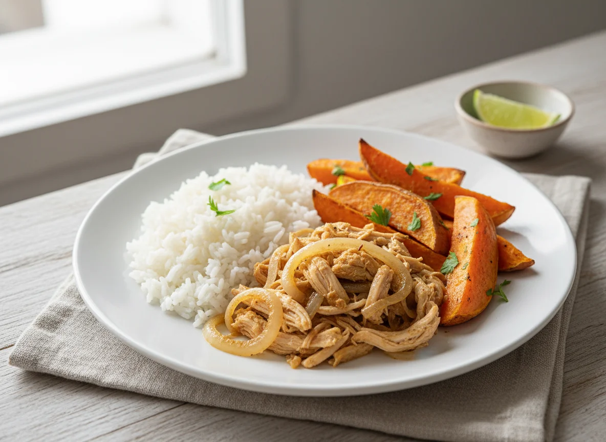 Frango acebolado com arroz e batata doce photo