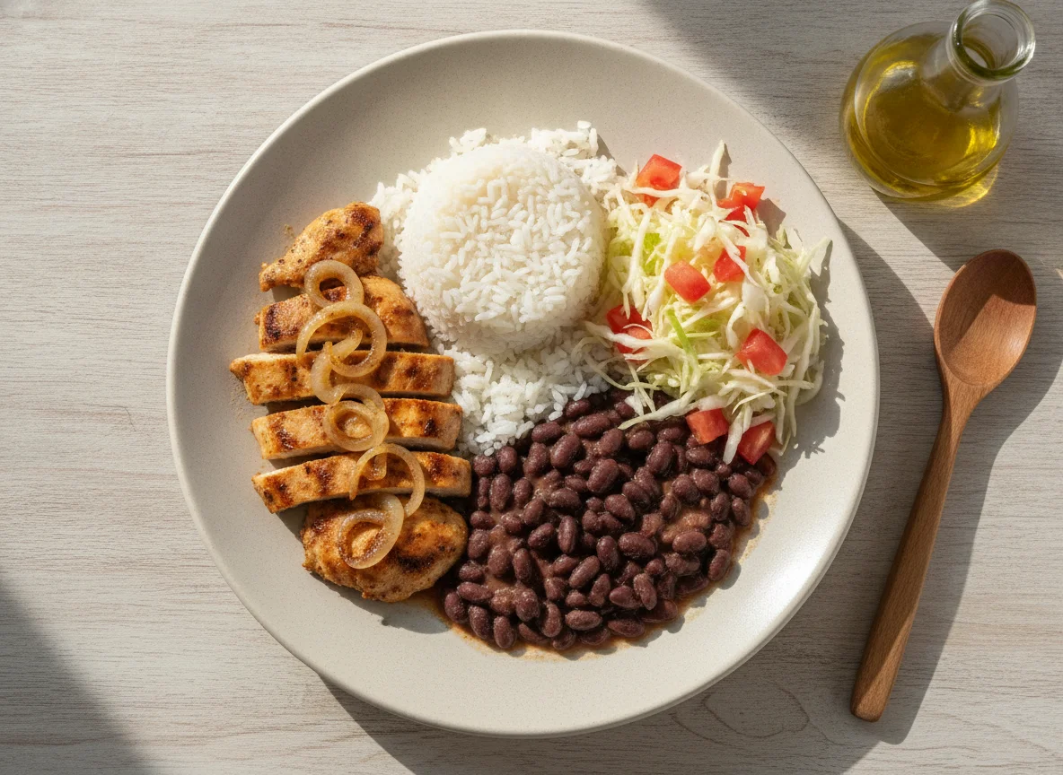 Frango acebolado com arroz, feijão e salada de repolho photo