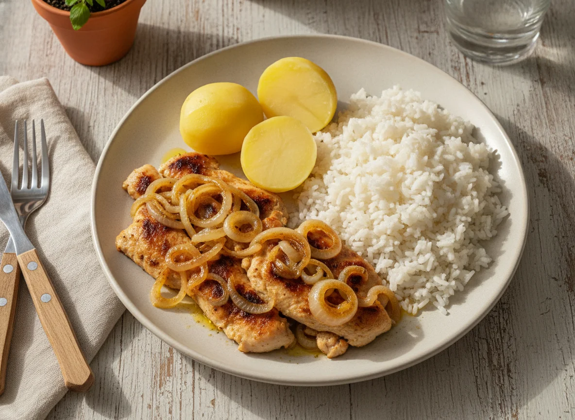 Frango acebolado com batatas e arroz photo