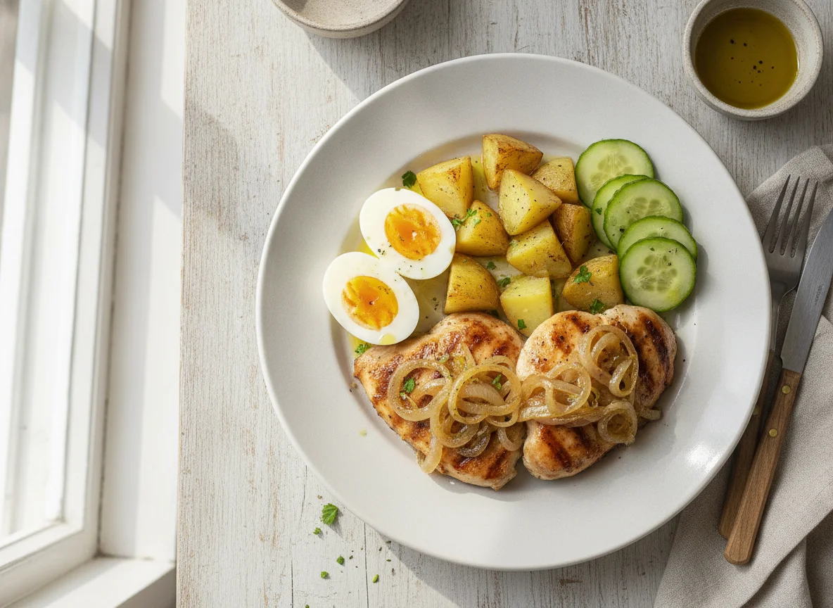 Frango acebolado com batatas, ovos e pepino photo