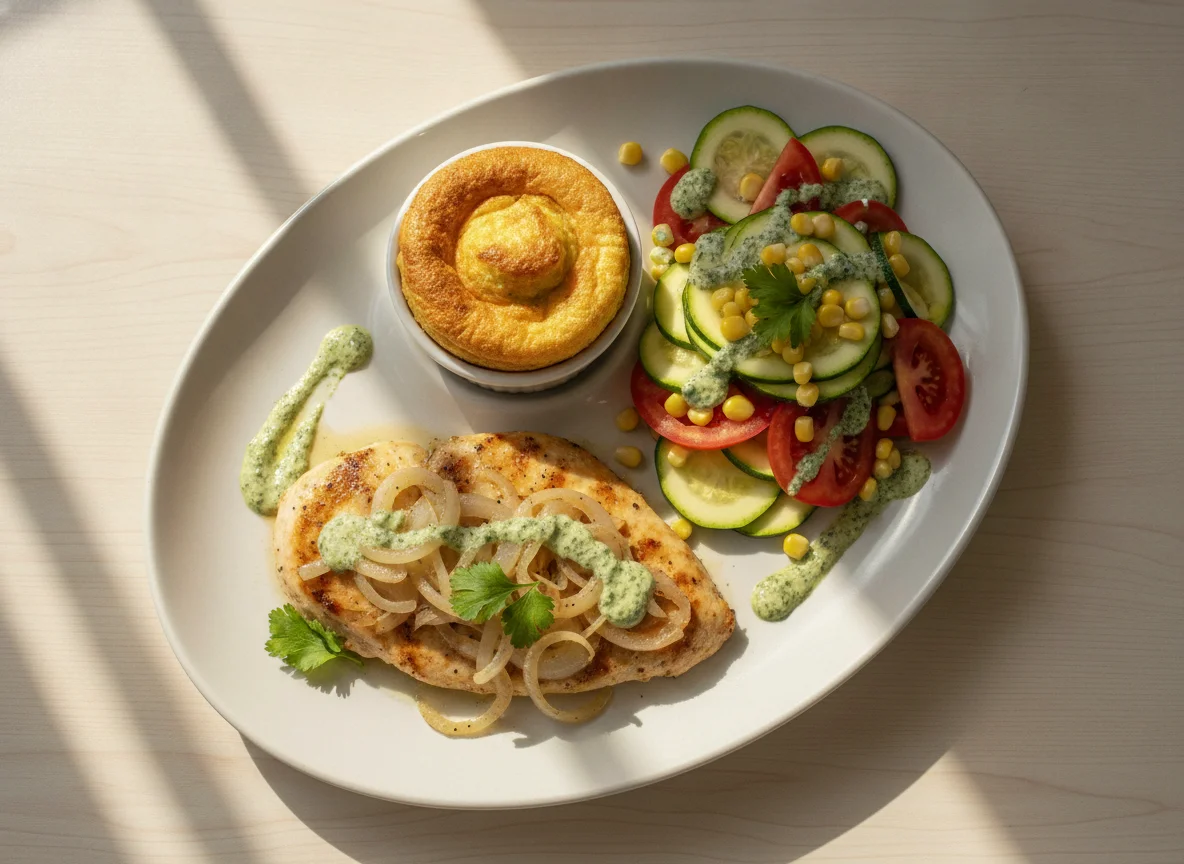 Frango acebolado com suflê de brócolis e salada photo