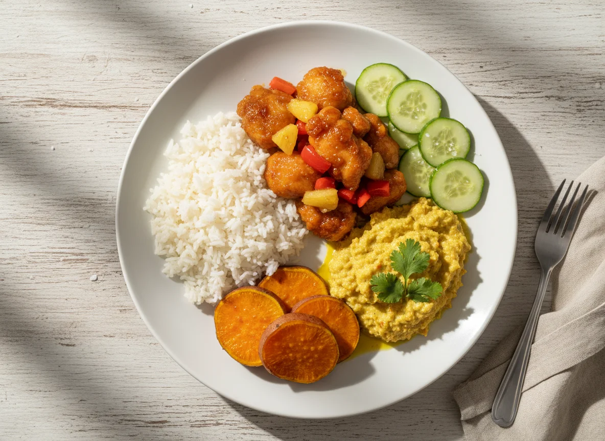 Frango agridoce, batata doce, vatapá de frango, pepino e arroz branco photo