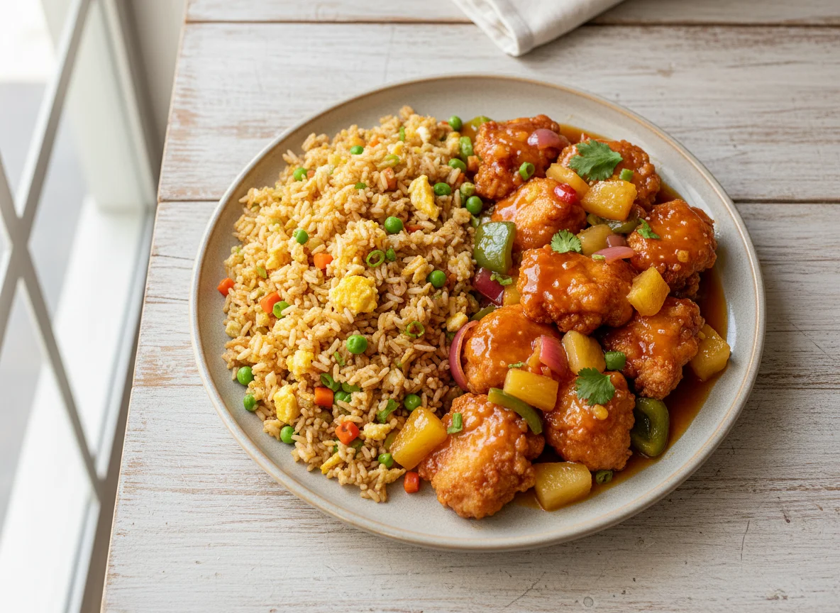Frango agridoce com arroz chop suey photo