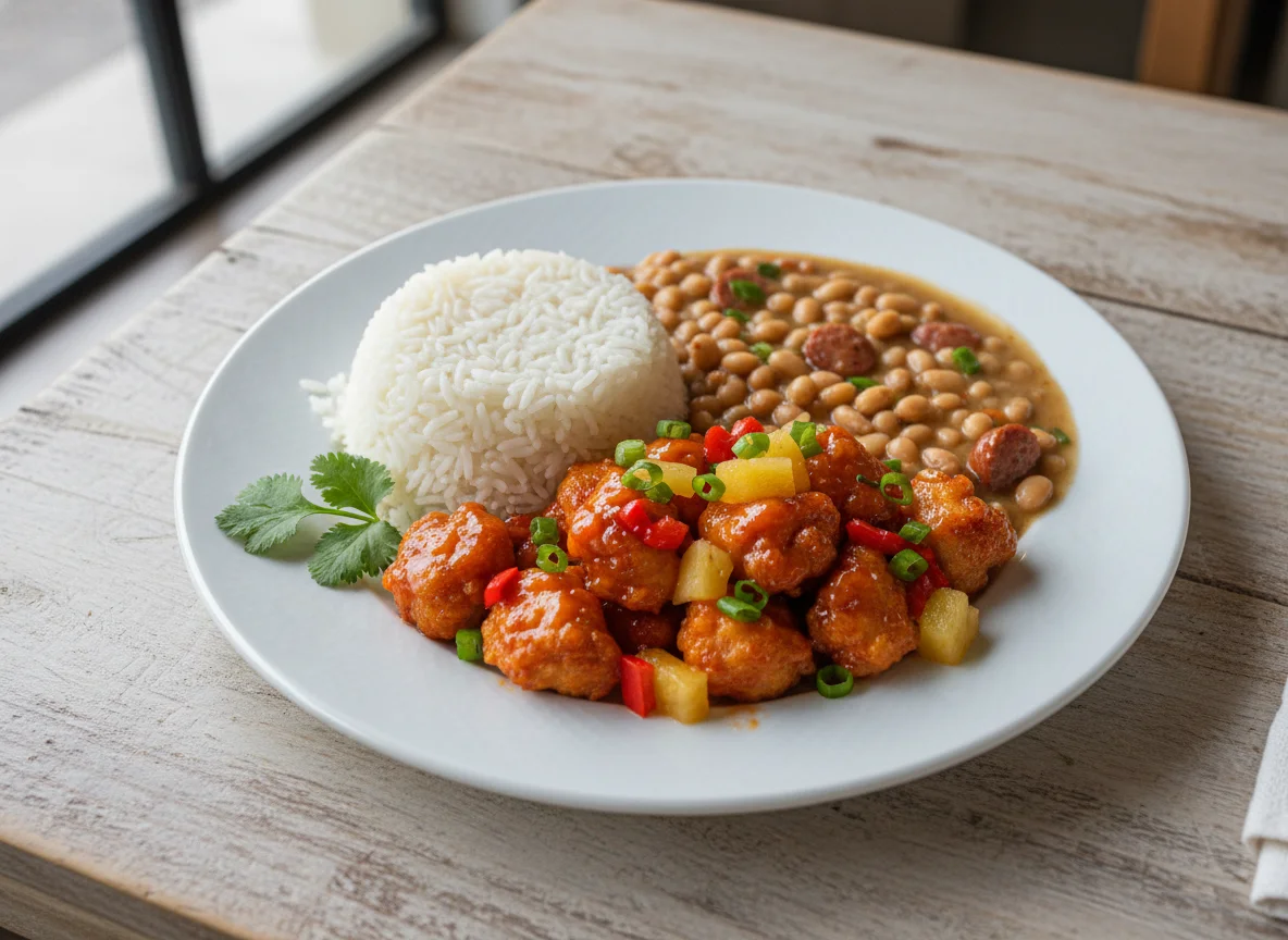 Frango agridoce com arroz e feijão photo
