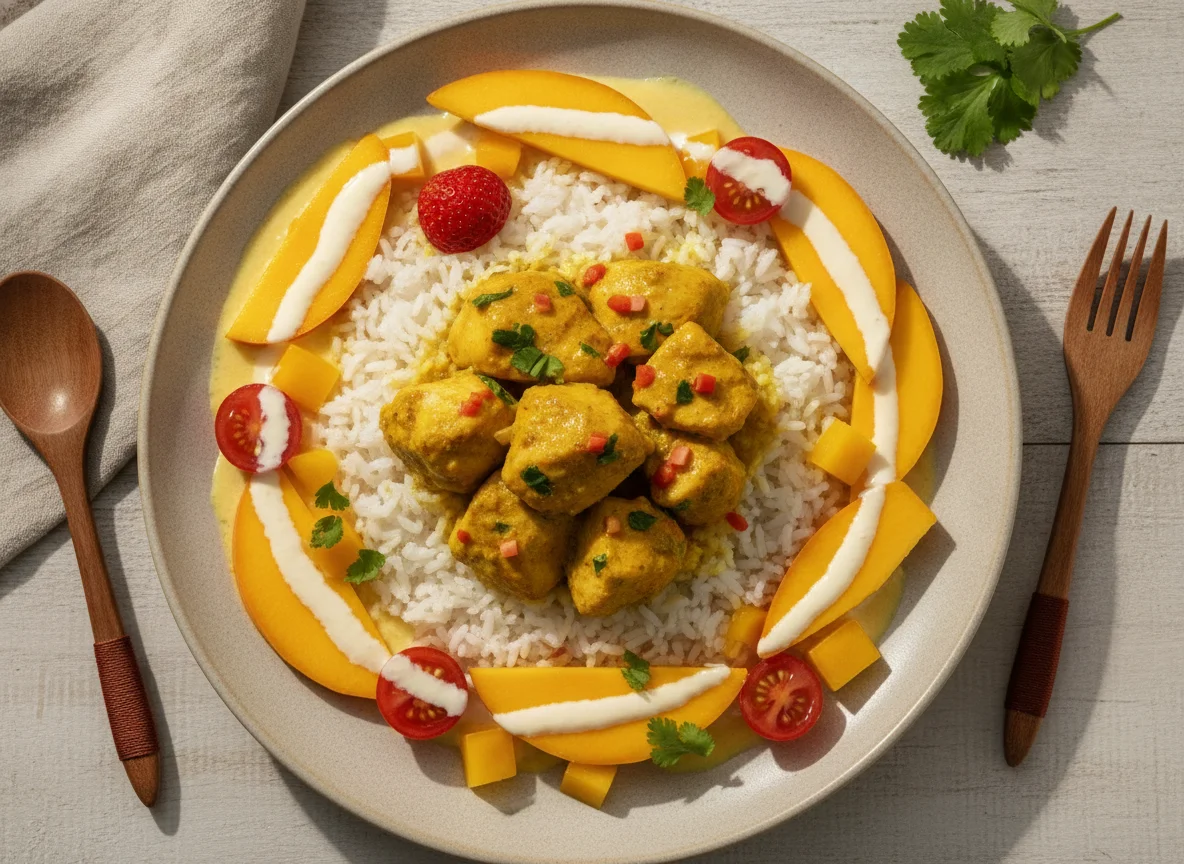 Frango ao Curry com Arroz Doce de Frutas photo