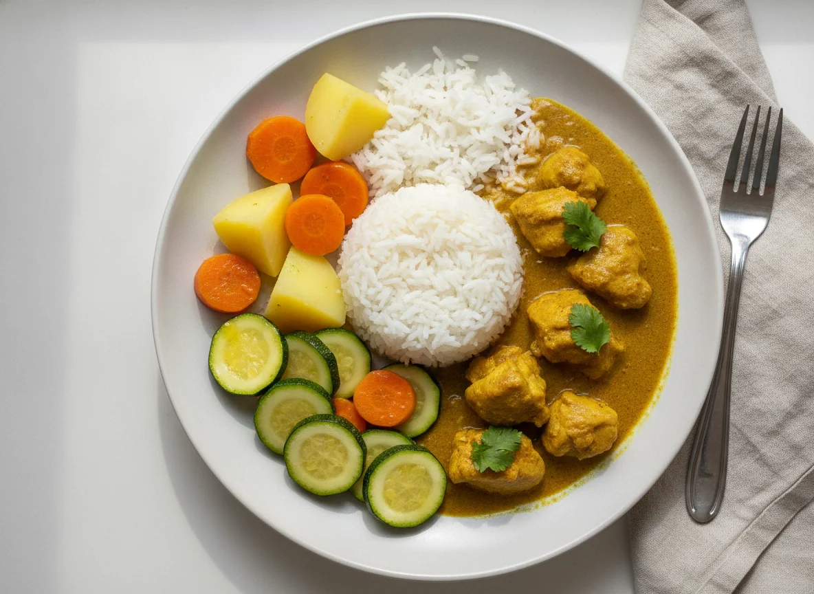 Frango ao Curry com Arroz e Legumes Cozidos photo