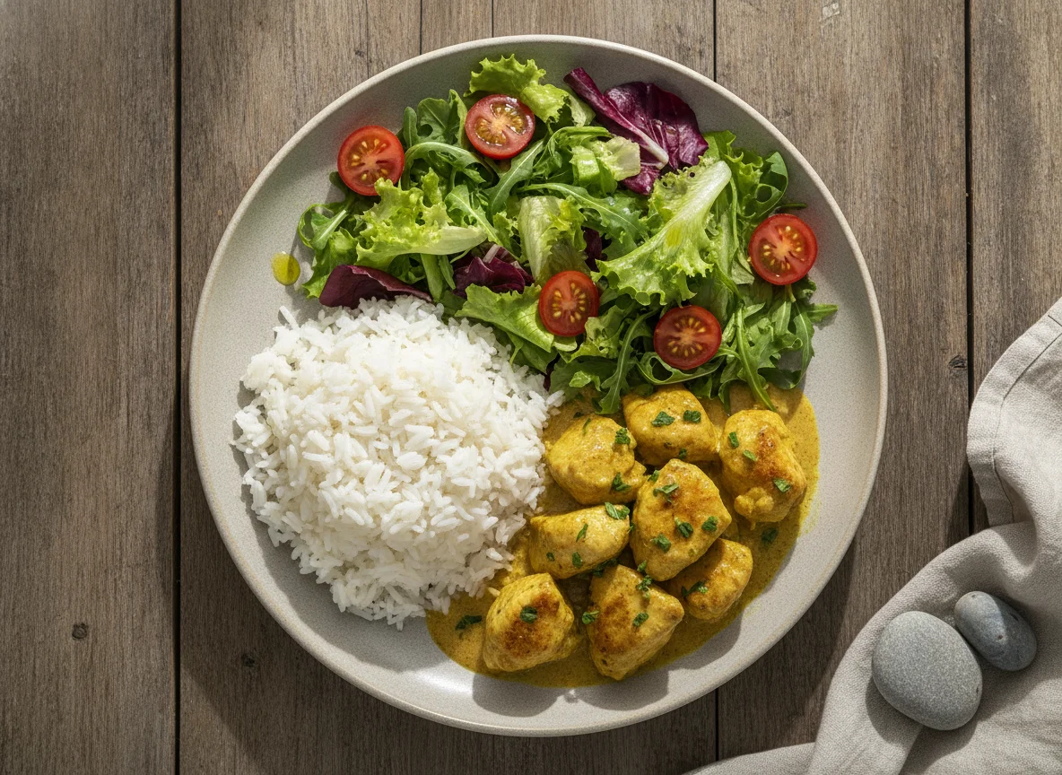 Frango ao Curry com Arroz e Salada photo