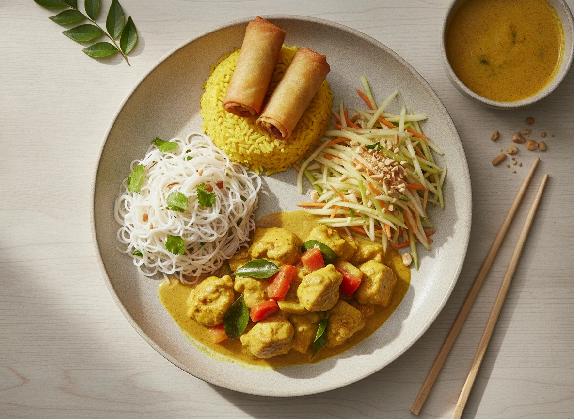 Frango ao Curry com Macarrão de Arroz e Salada photo
