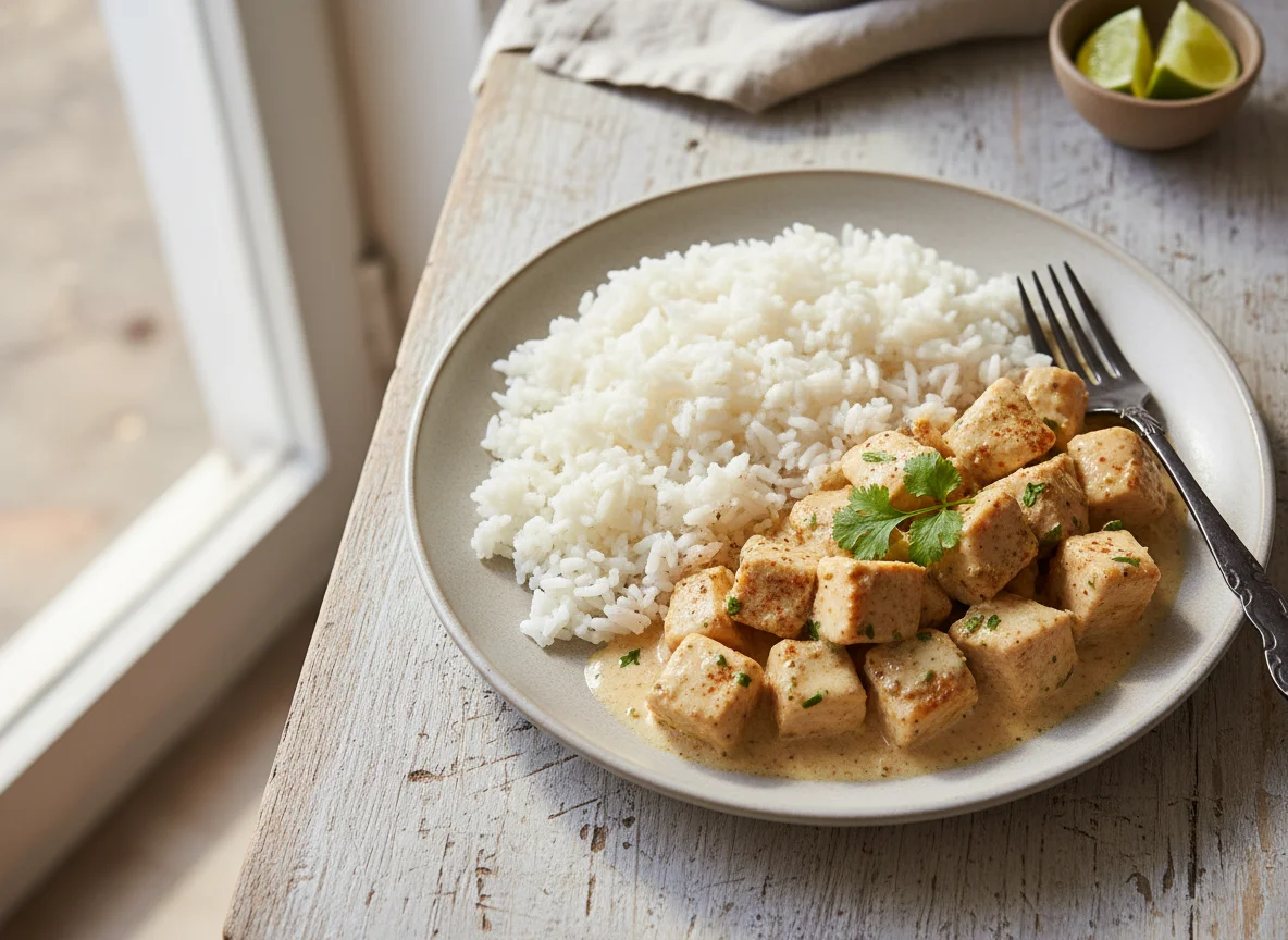 Frango ao molho com arroz branco photo