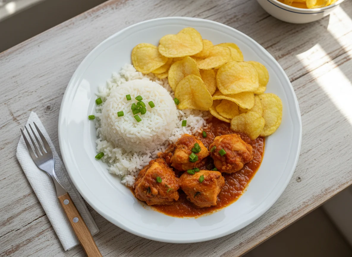 Frango ao molho com arroz e batata chips photo