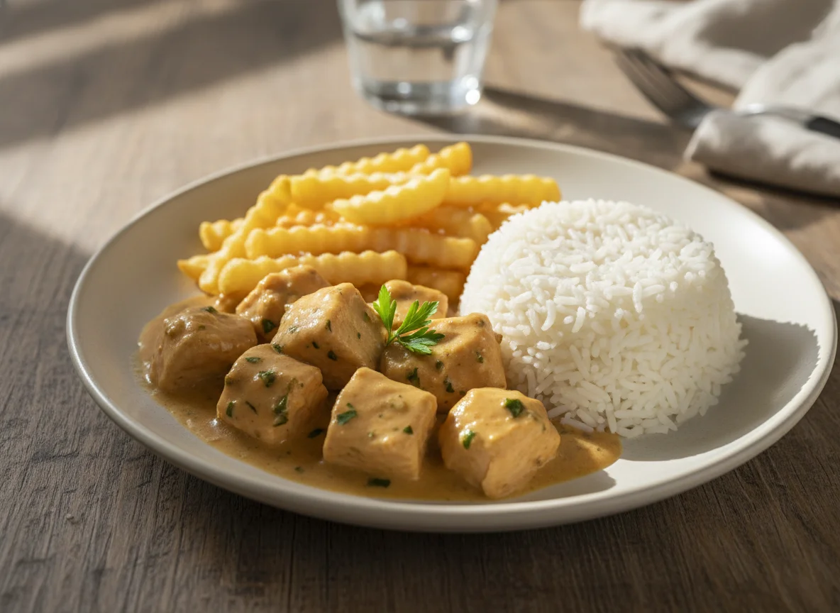 Frango ao molho com arroz e batata frita photo
