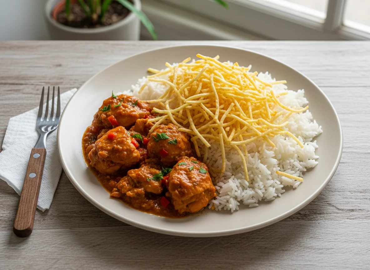 Frango ao molho com arroz e batata palha photo