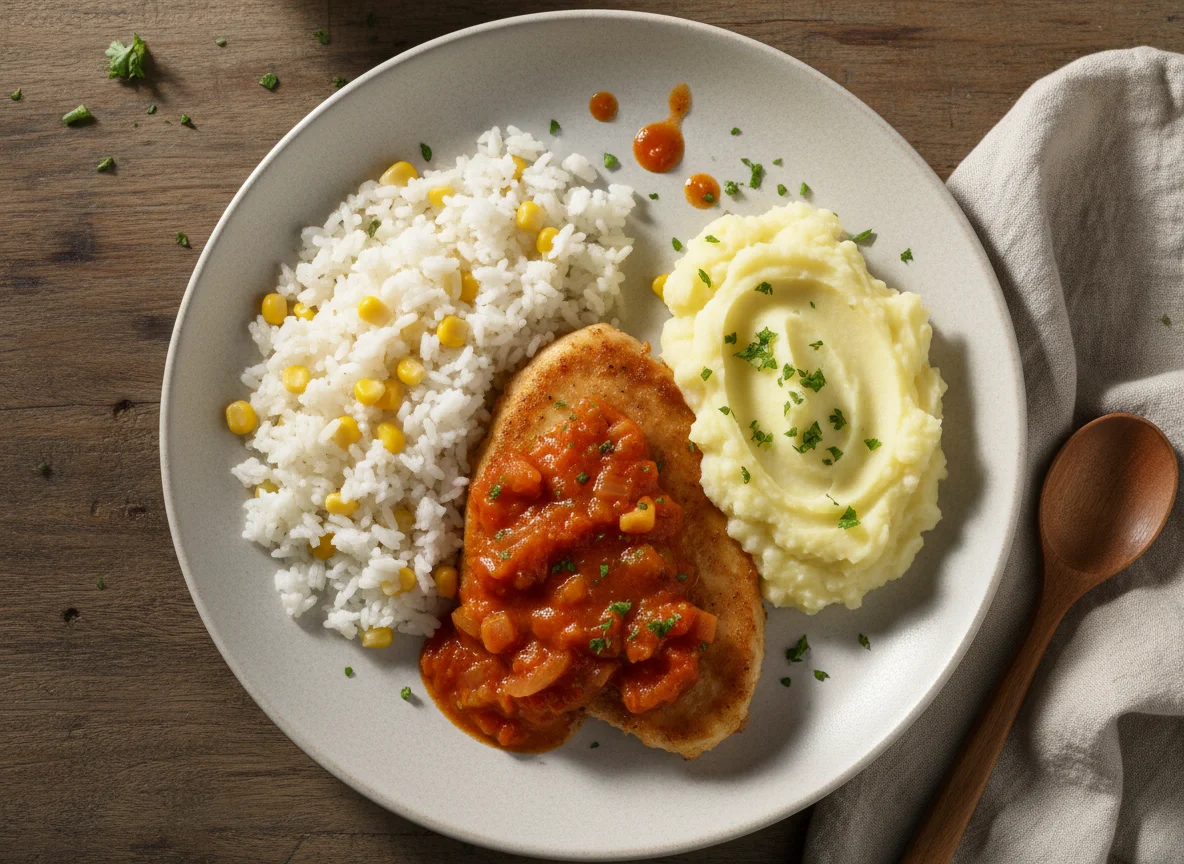 Frango ao molho com arroz e purê de batata photo