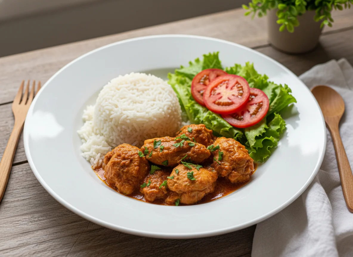 Frango ao molho com arroz e salada photo