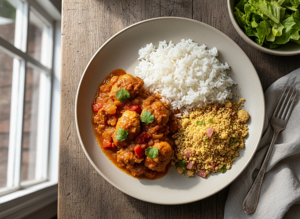 Frango ao molho com arroz, farofa e salada photo