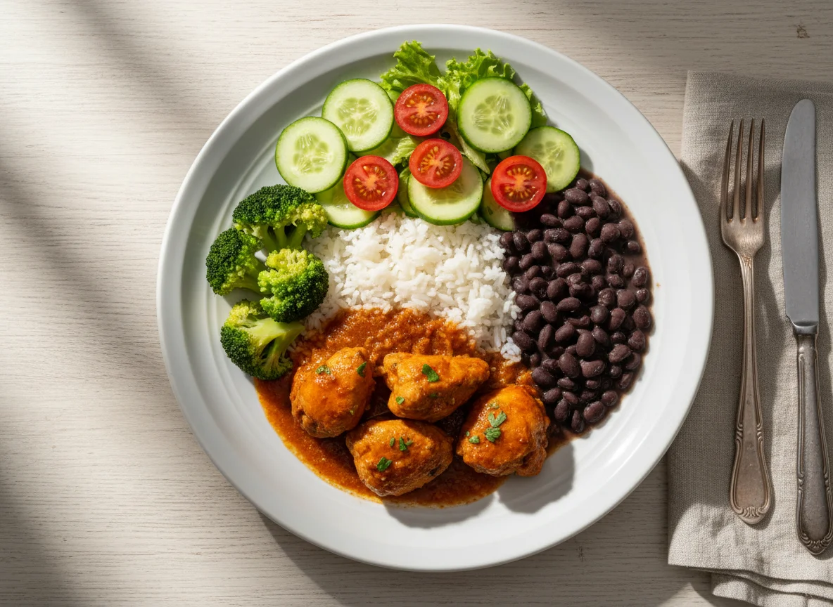 Frango ao molho com arroz, feijão, brócolis e salada photo