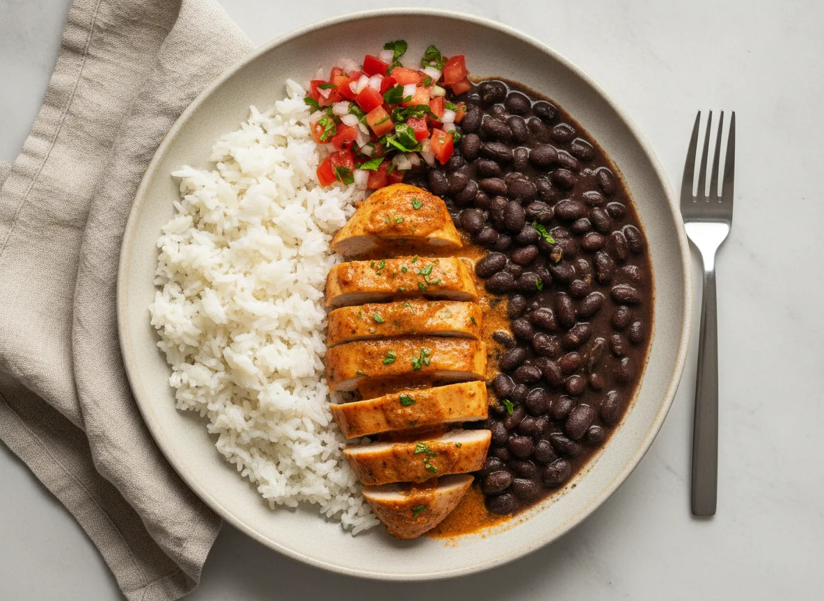 Frango ao molho com arroz, feijão preto e vinagrete photo