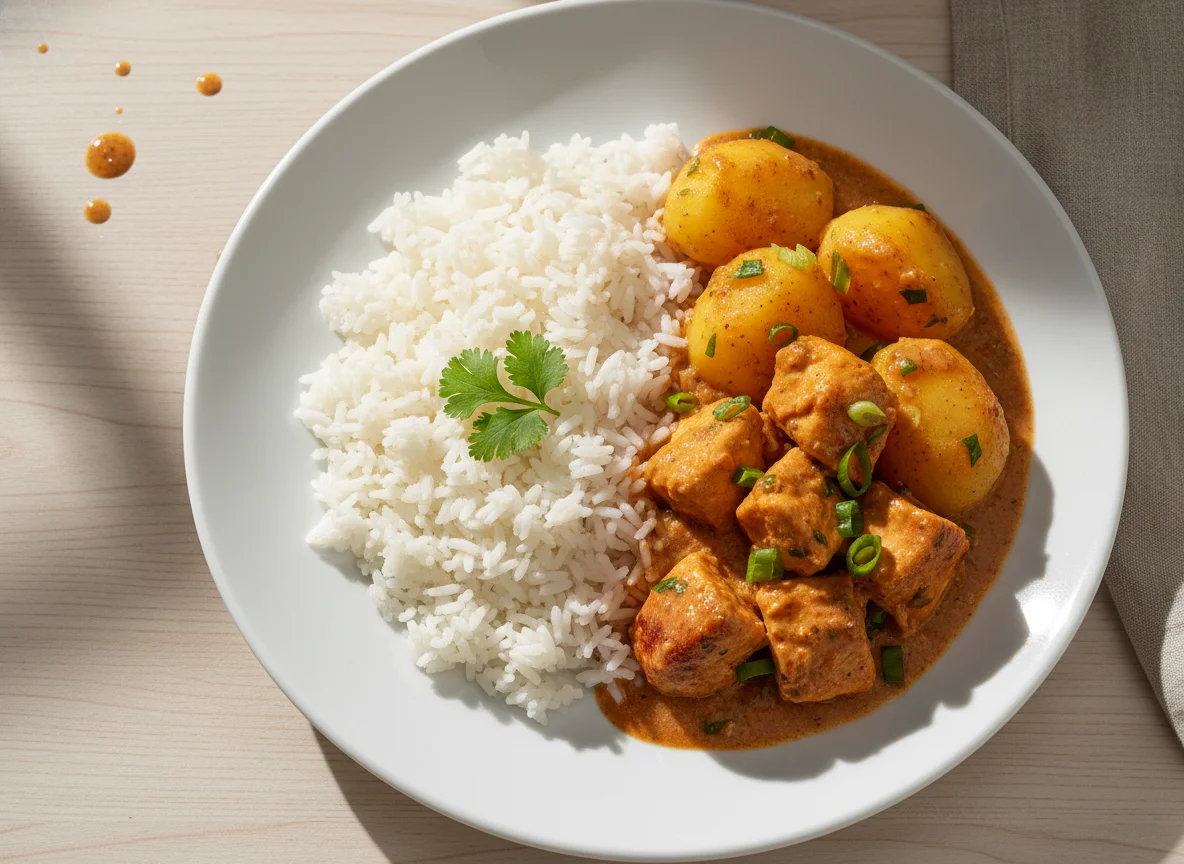Frango ao molho com batatas e arroz photo