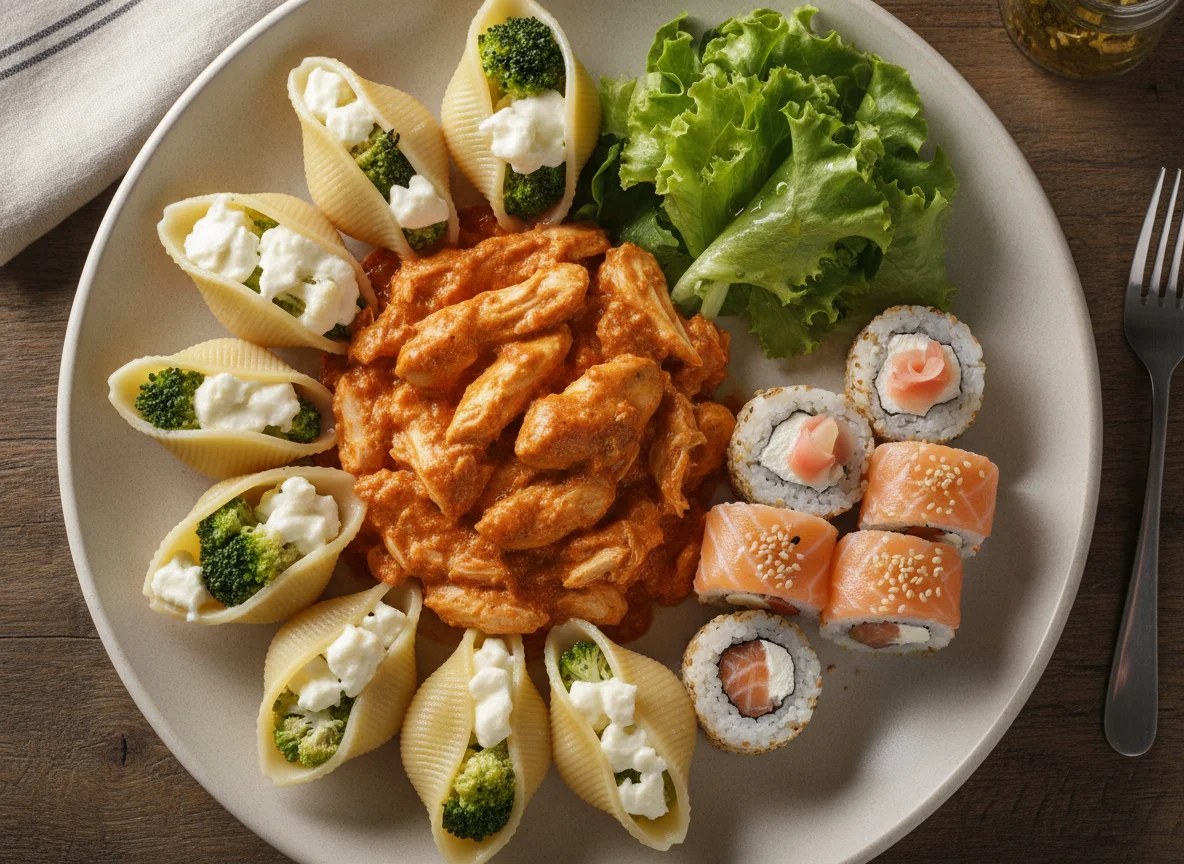 Frango ao molho com conchiglione de queijo e vegetais photo