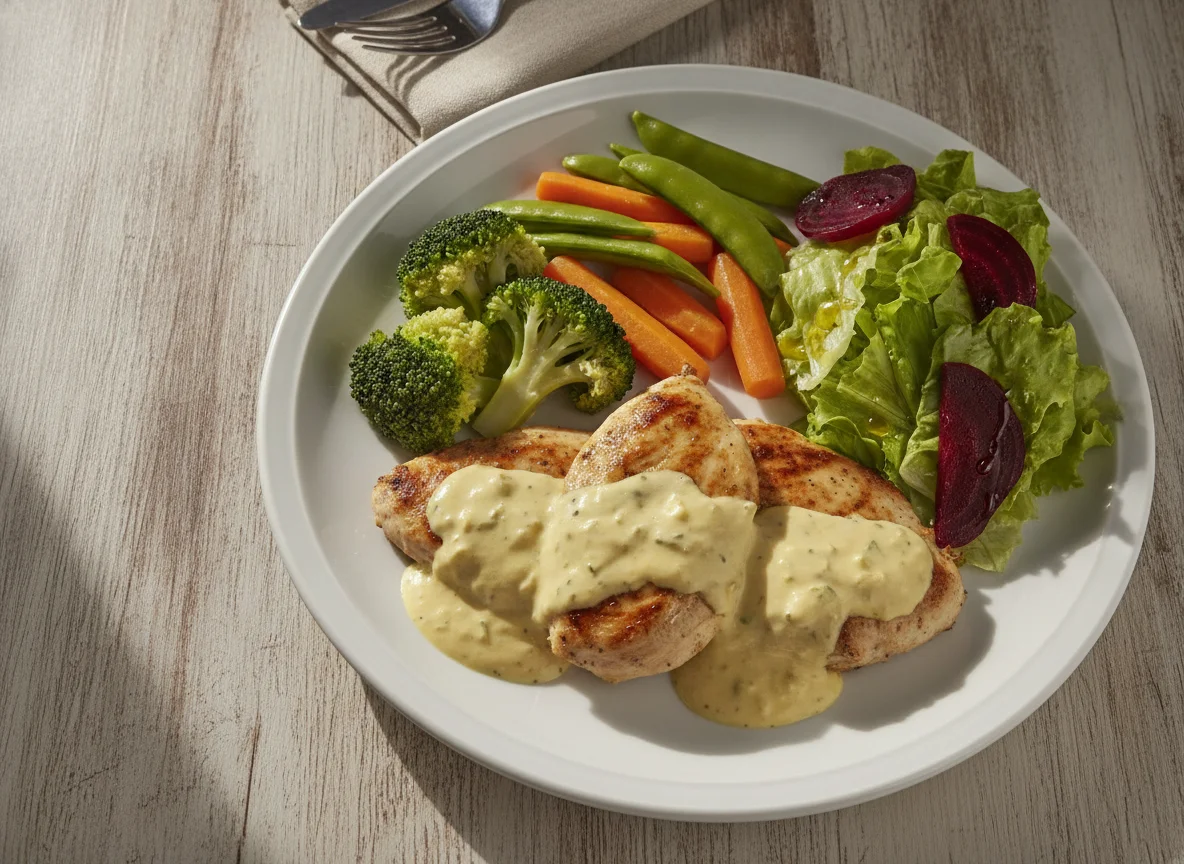 Frango ao molho com legumes e salada photo