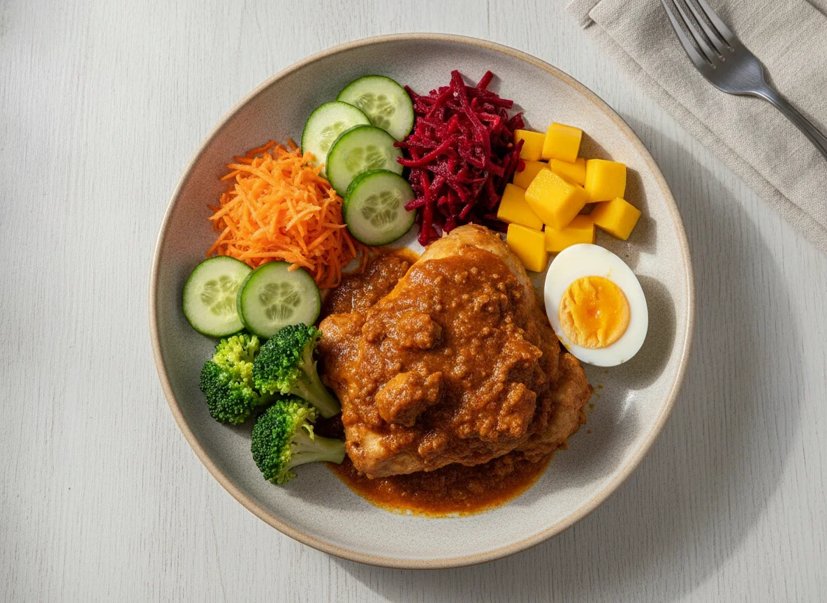Frango ao molho com ovo cozido e salada variada photo