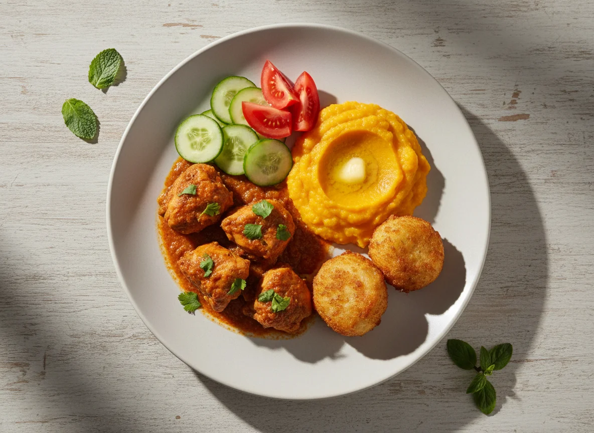 Frango ao molho com purê e salada photo