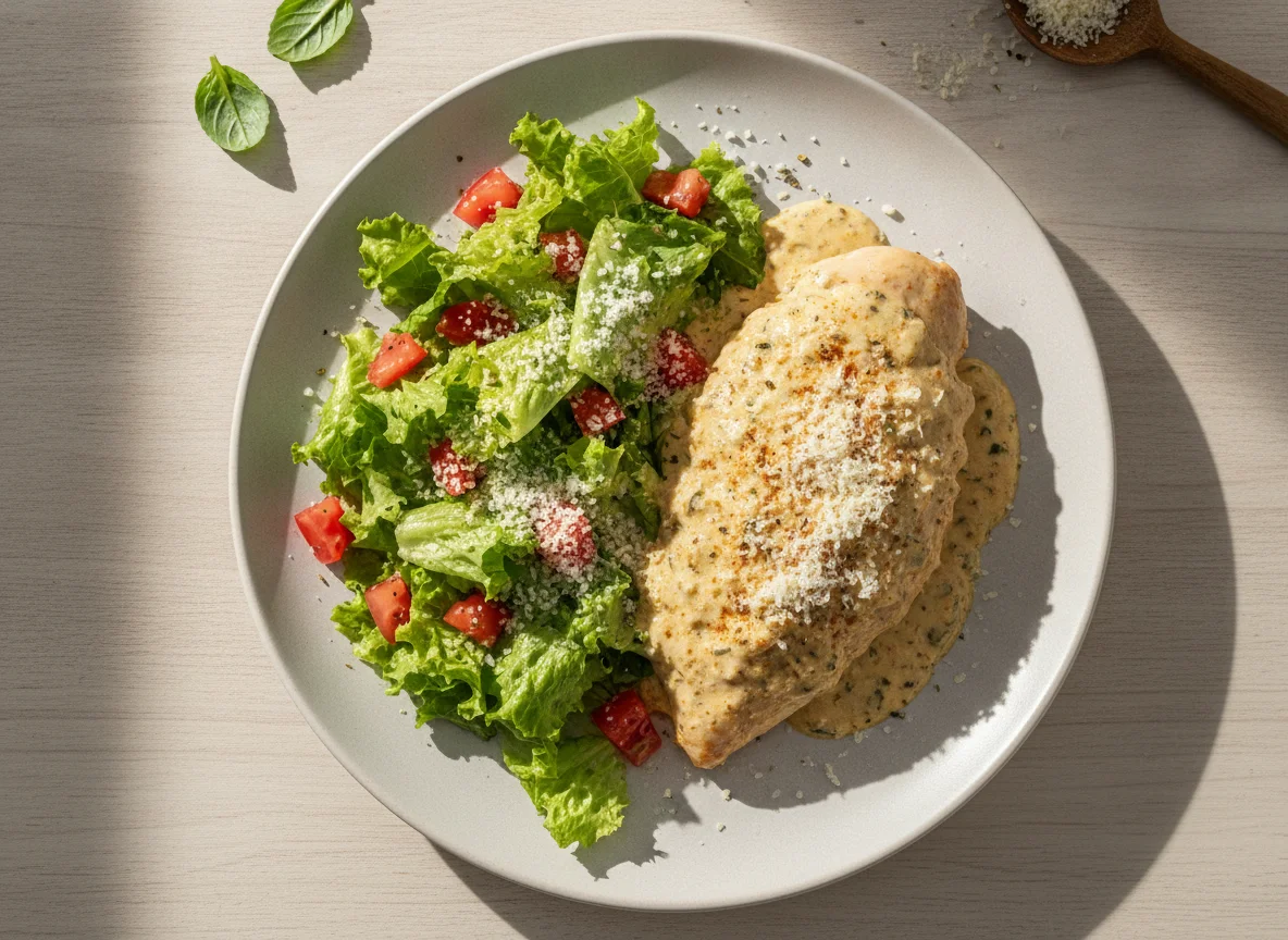 Frango ao molho com salada e queijo ralado photo