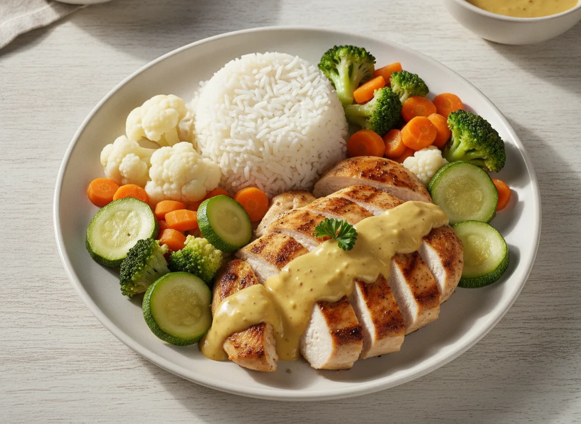 Frango ao molho de mostarda com arroz e legumes photo