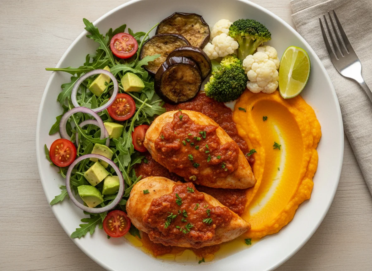 Frango ao molho de tomate com purê de abóbora e vegetais photo