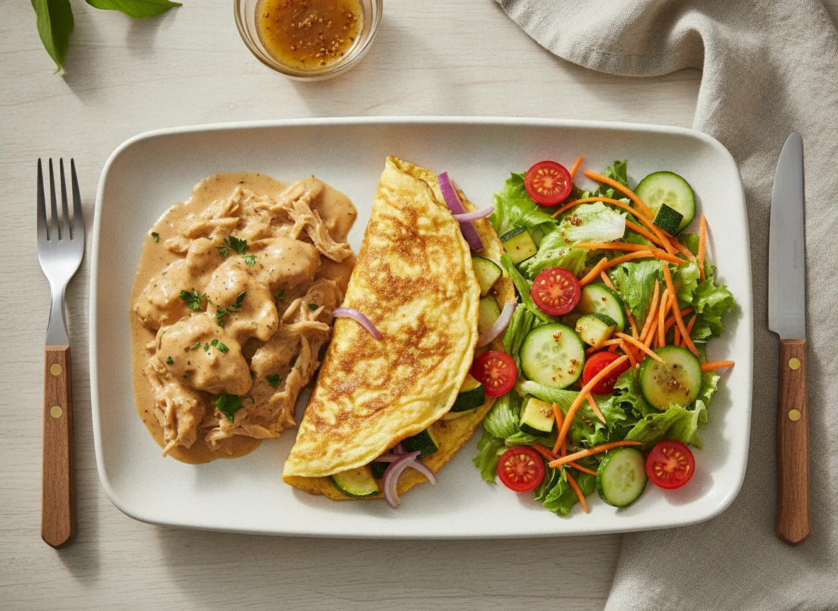 Frango ao molho, omelete de legumes e salada mista photo