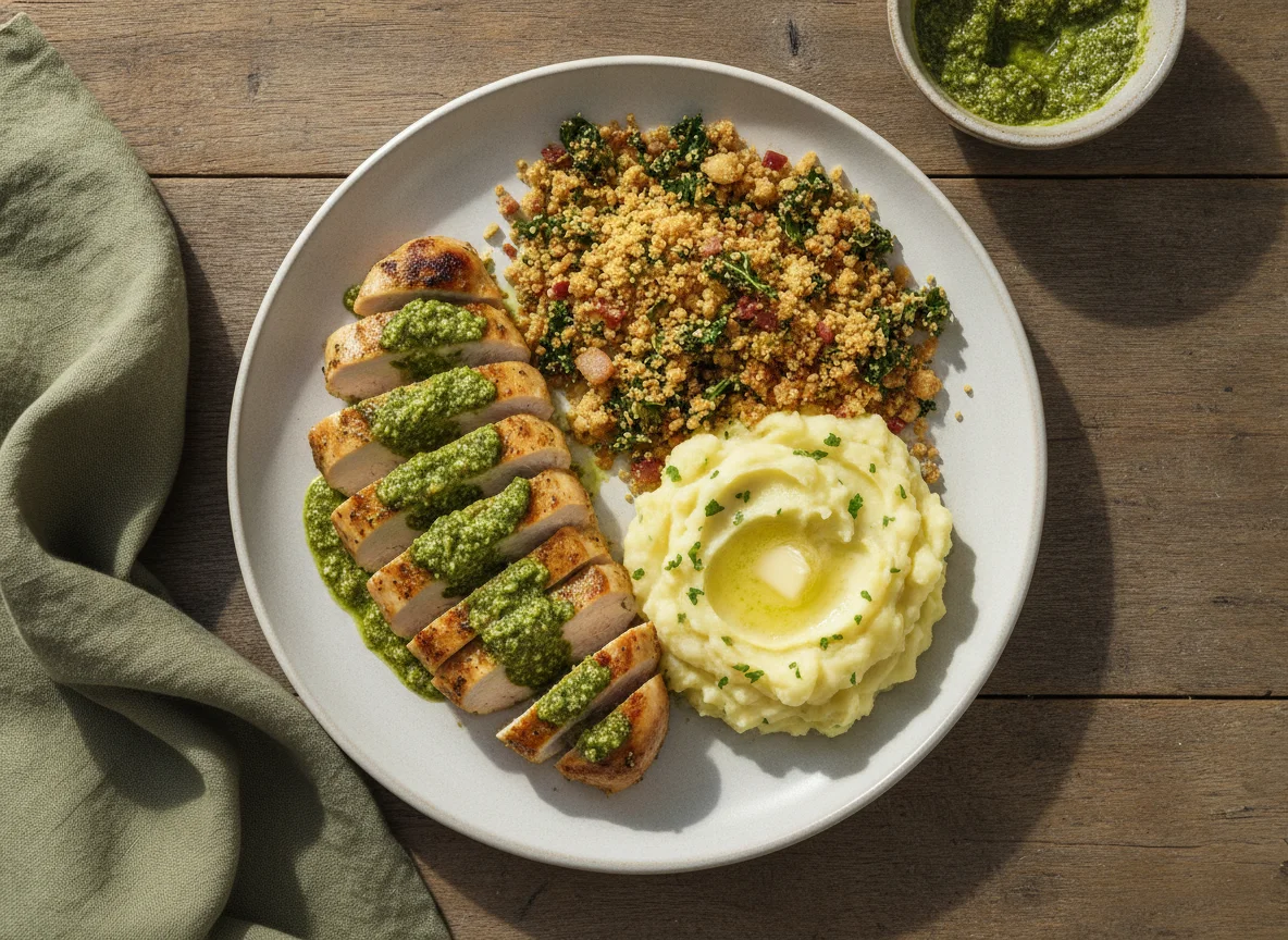 Frango ao Pesto com Purê de Batata Salsa e Farofa de Couve photo