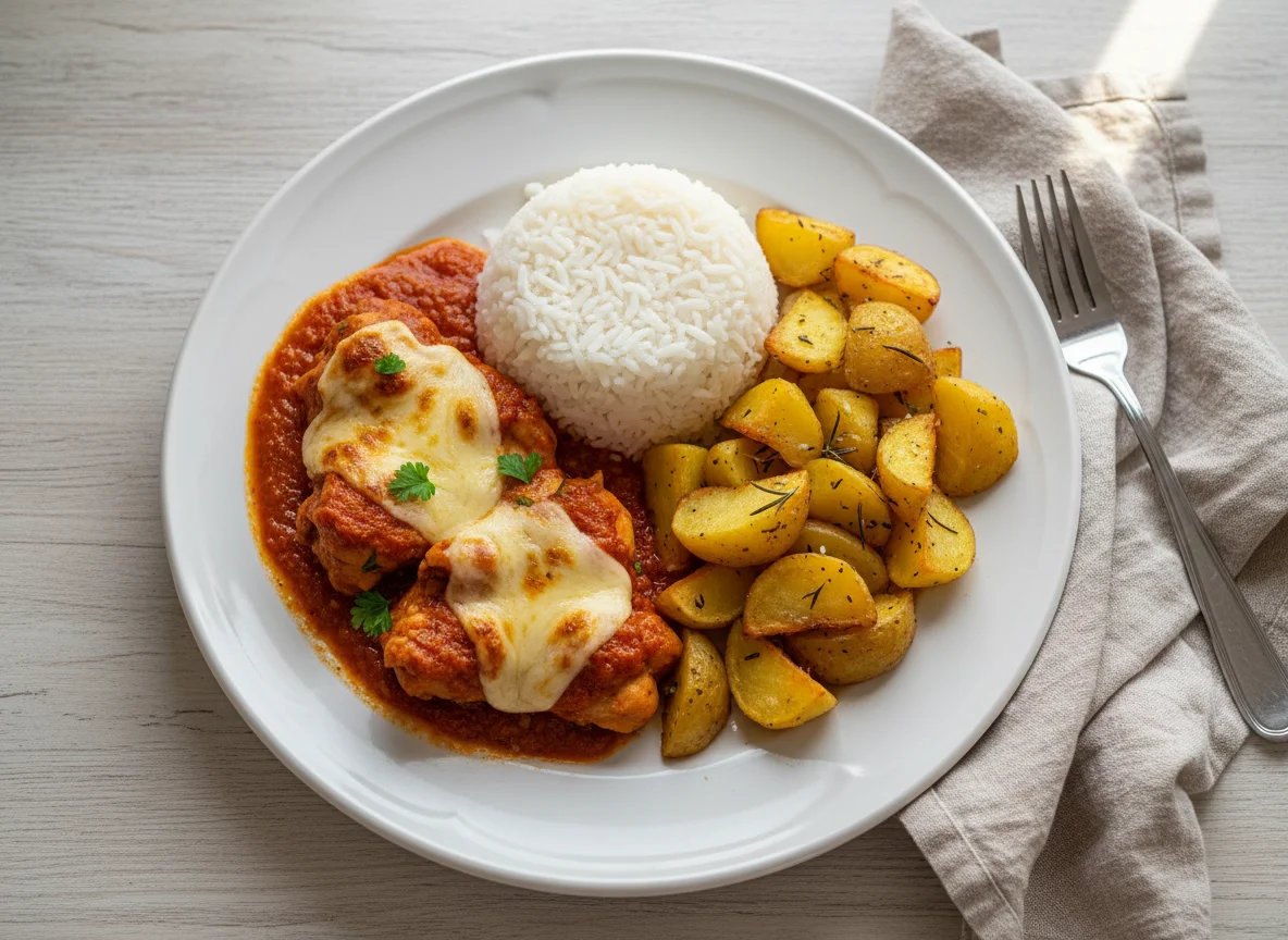 Frango ao sugo com queijo, arroz branco e batata assada photo
