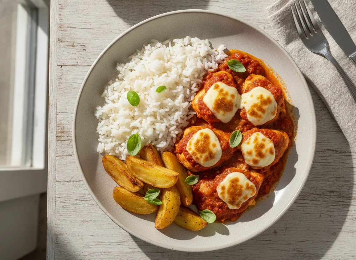 Frango ao sugo com queijo, arroz e batata assada photo