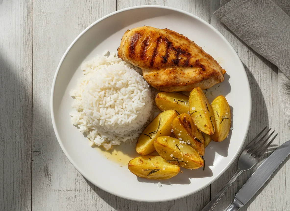 Frango, arroz e batatas assadas photo