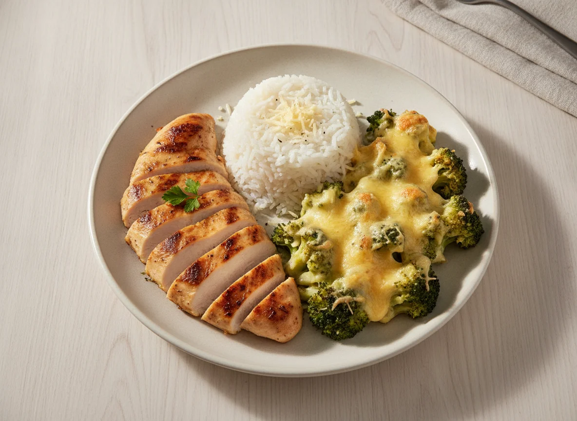 Frango, arroz e brócolis gratinado photo