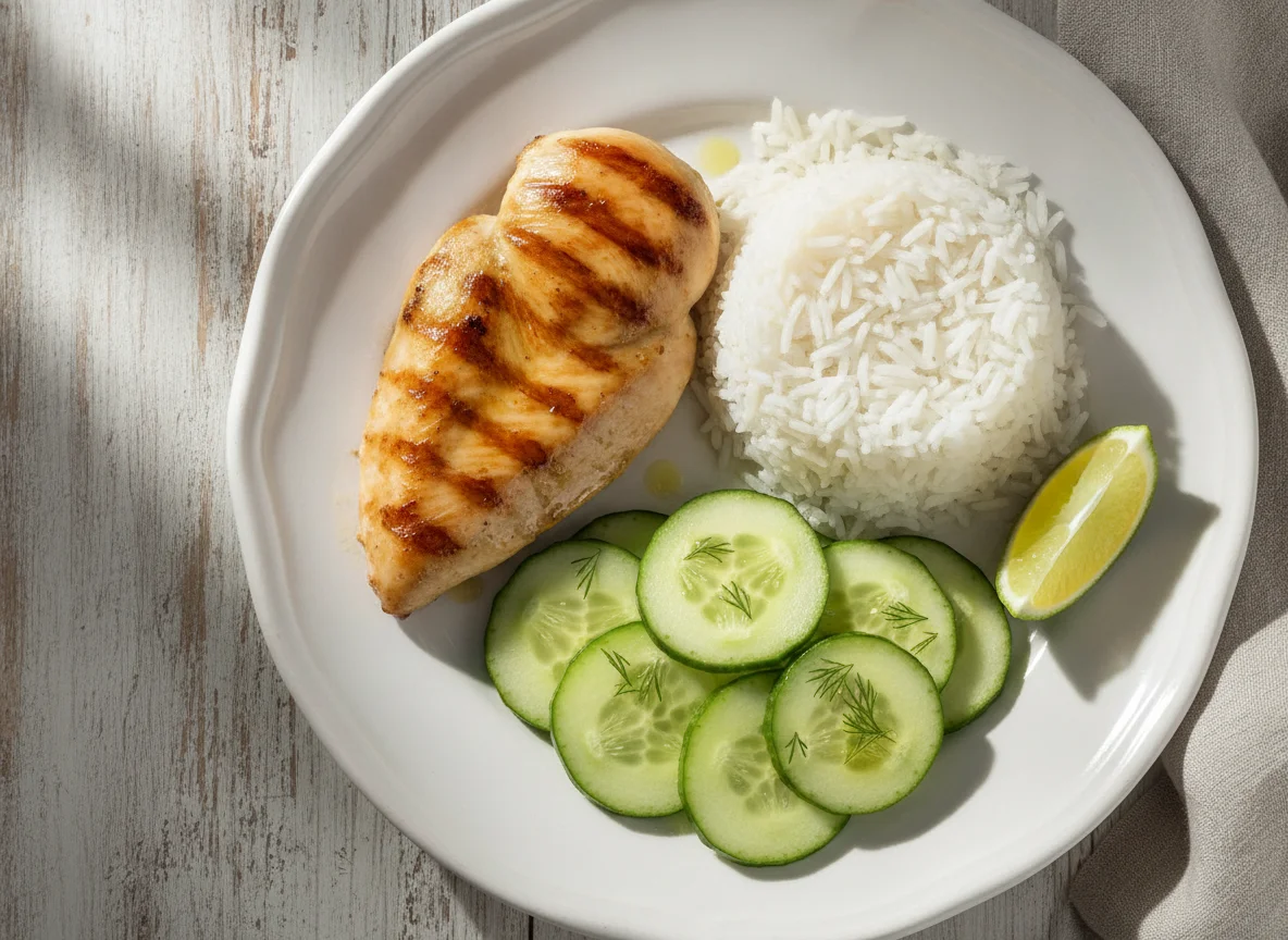 Frango, arroz e salada de pepino photo