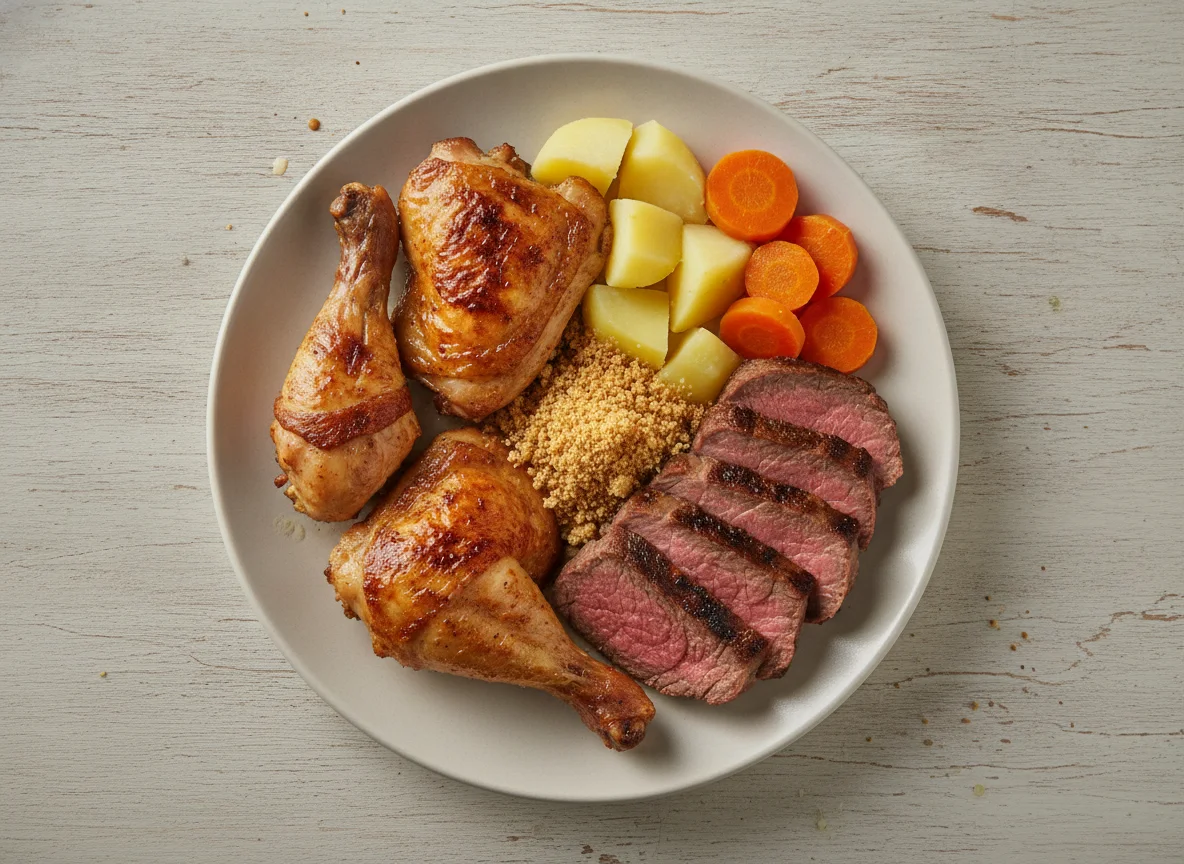 Frango assado, carne bovina, batata e cenoura photo