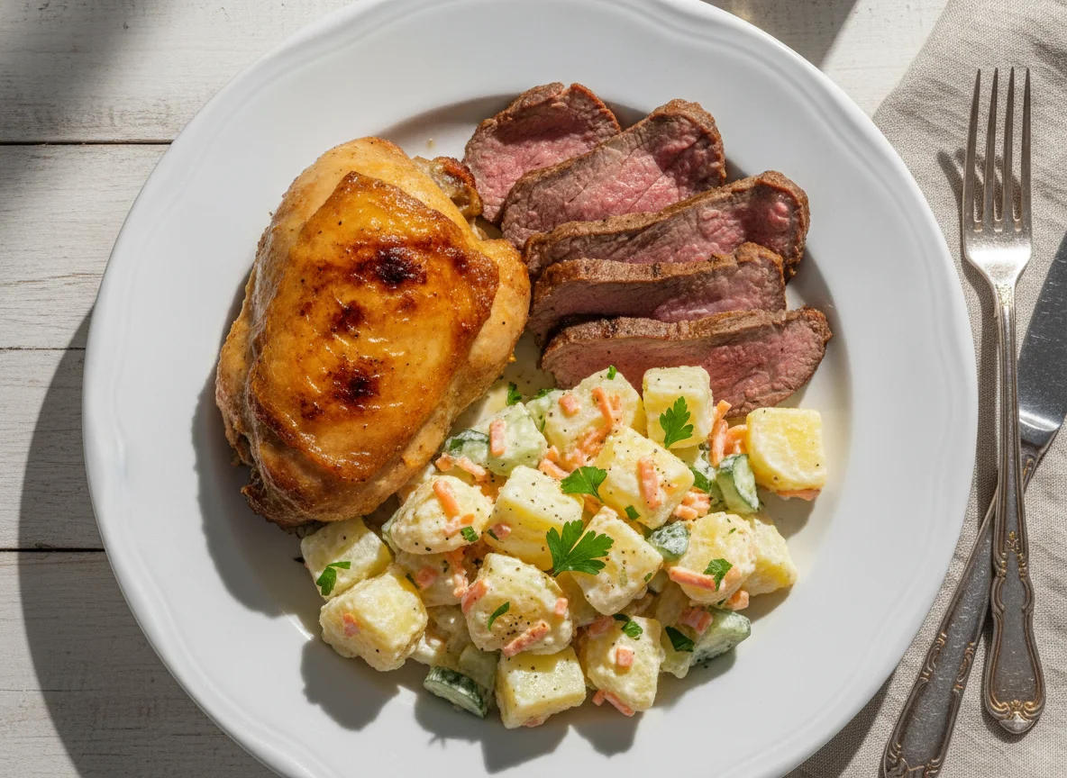 Frango assado, carne bovina e salada de batata photo