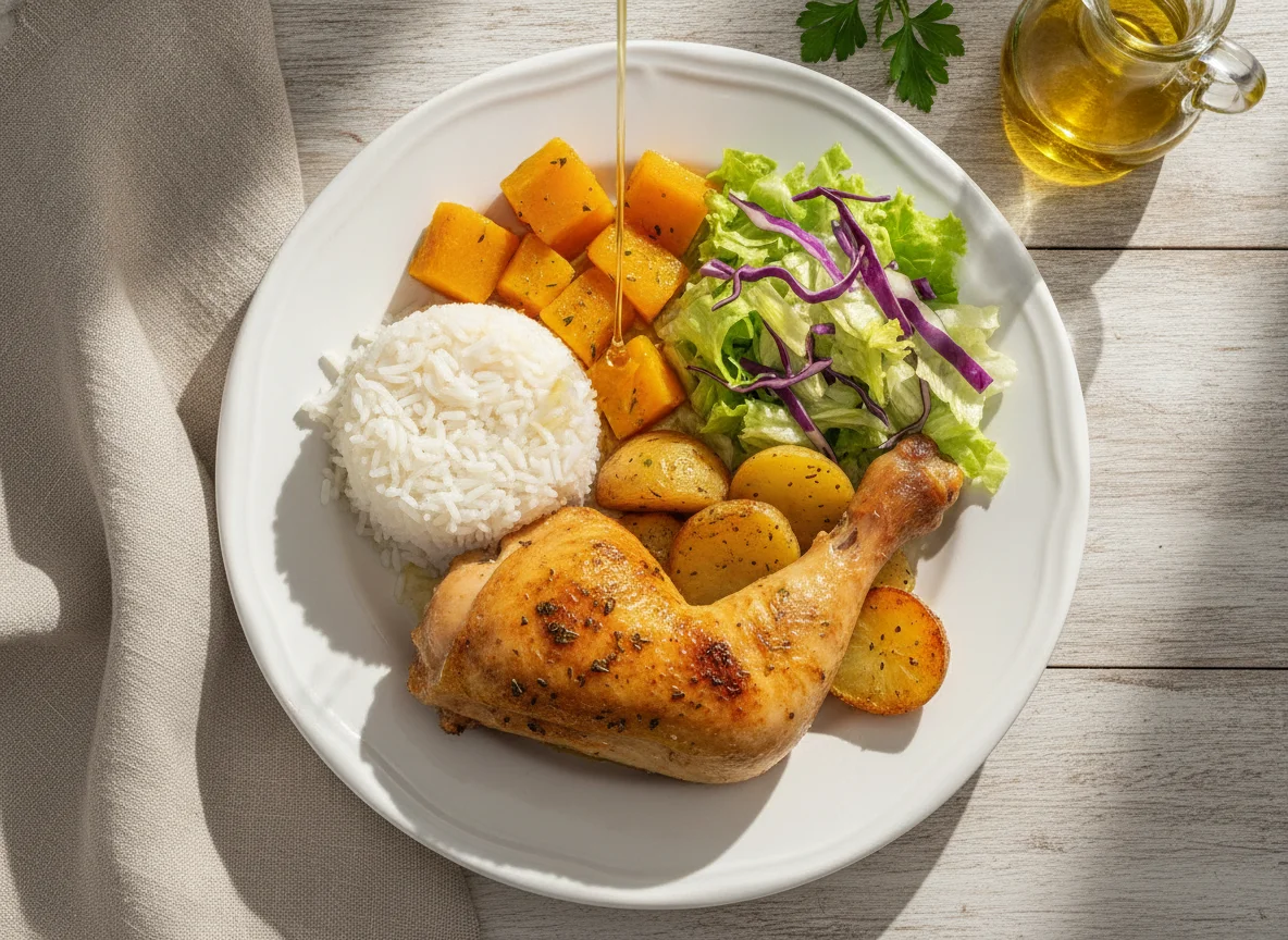 Frango assado com arroz, abóbora, batata e salada photo