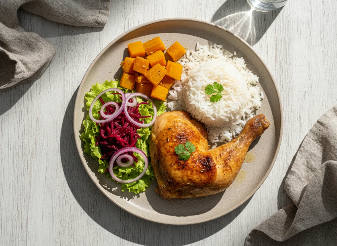 Frango assado com arroz, abóbora e salada de beterraba photo