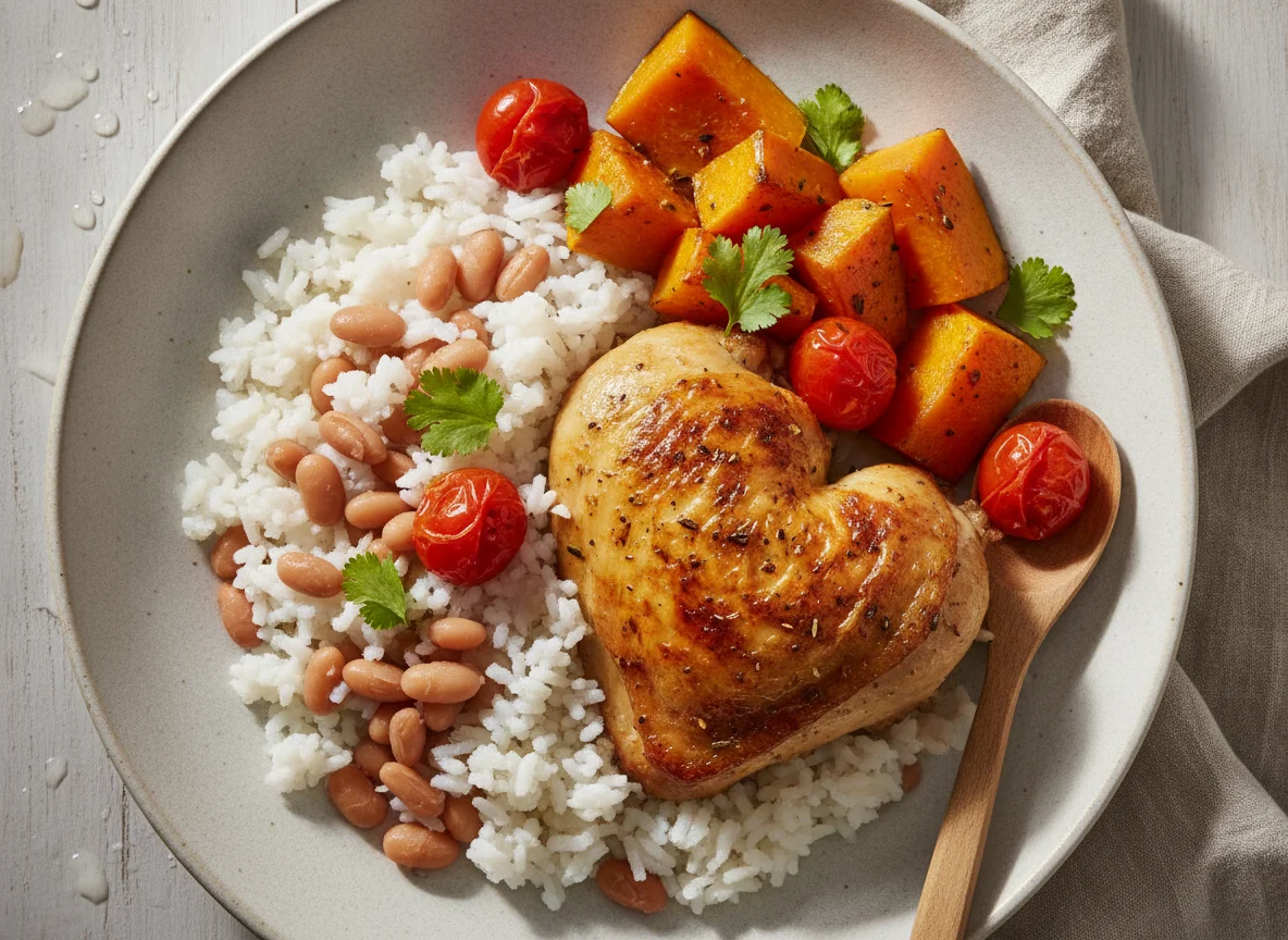 Frango assado com arroz, abóbora e tomate photo