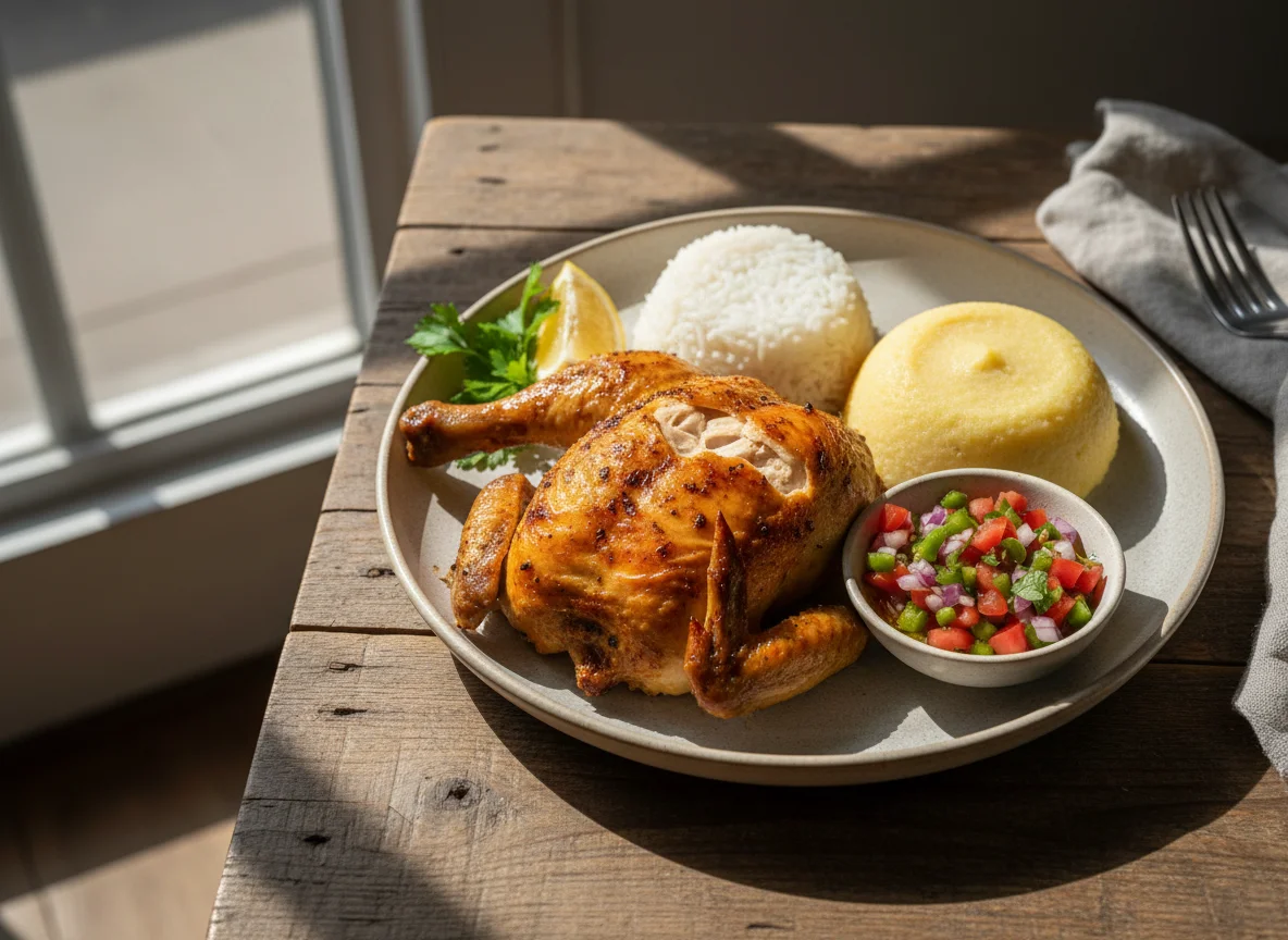 Frango assado com arroz, angu e vinagrete photo