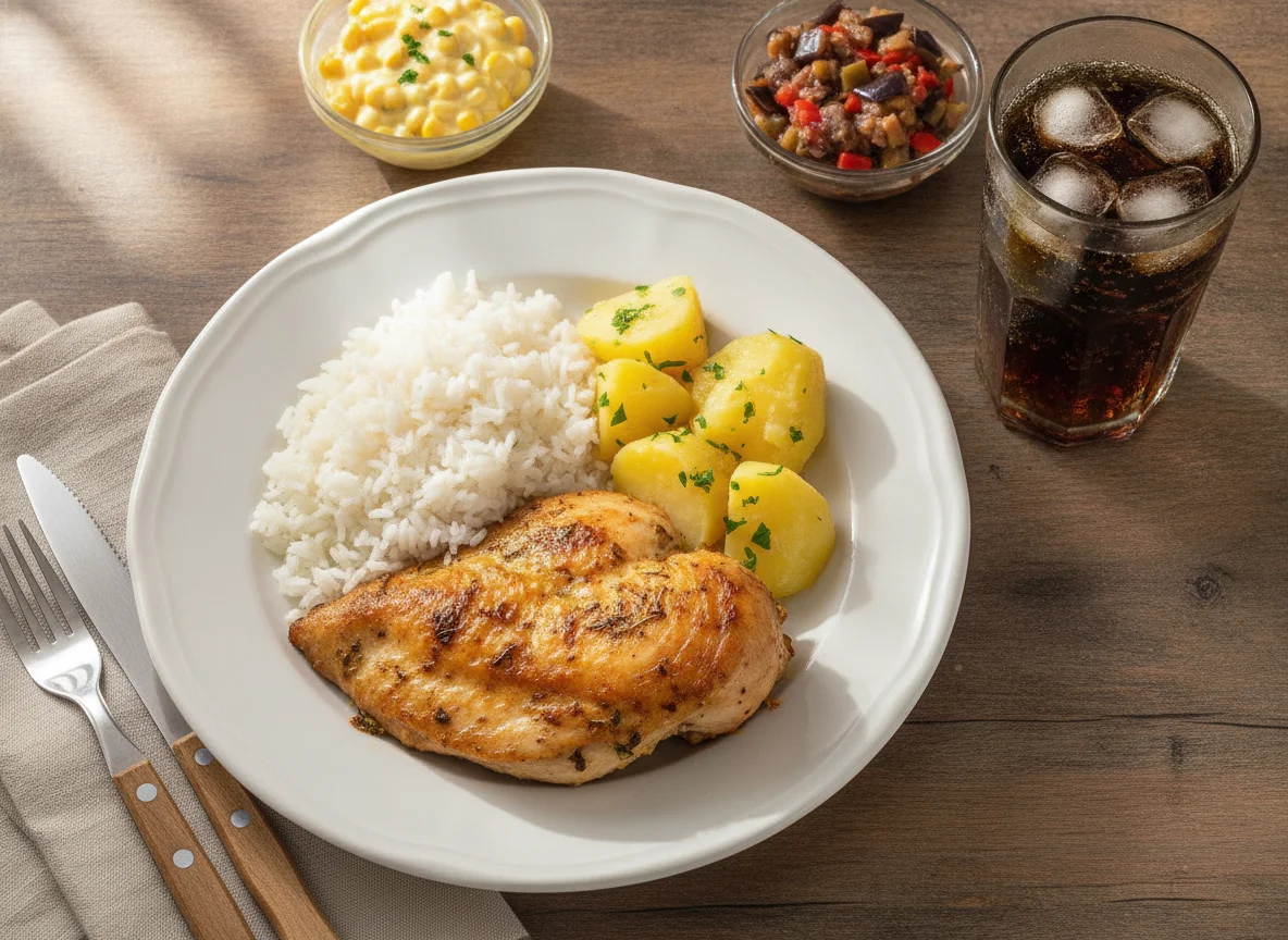 Frango assado com arroz, batata e acompanhamentos photo