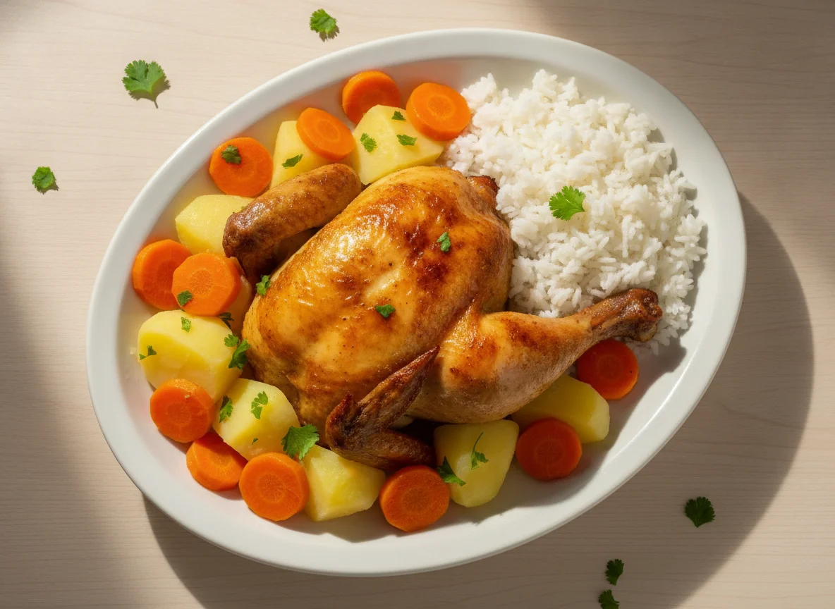 Frango assado com arroz, batata e cenoura photo