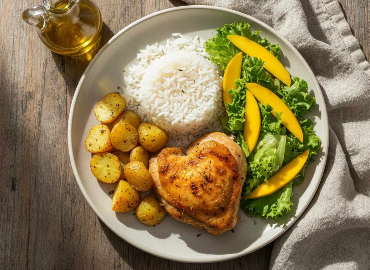 Frango assado com arroz, batata e salada de alface e manga photo