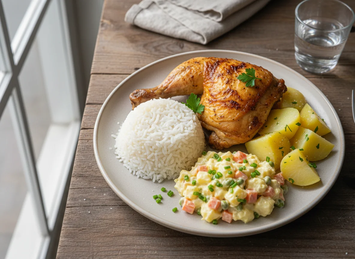 Frango assado com arroz, batata e salada de maionese photo